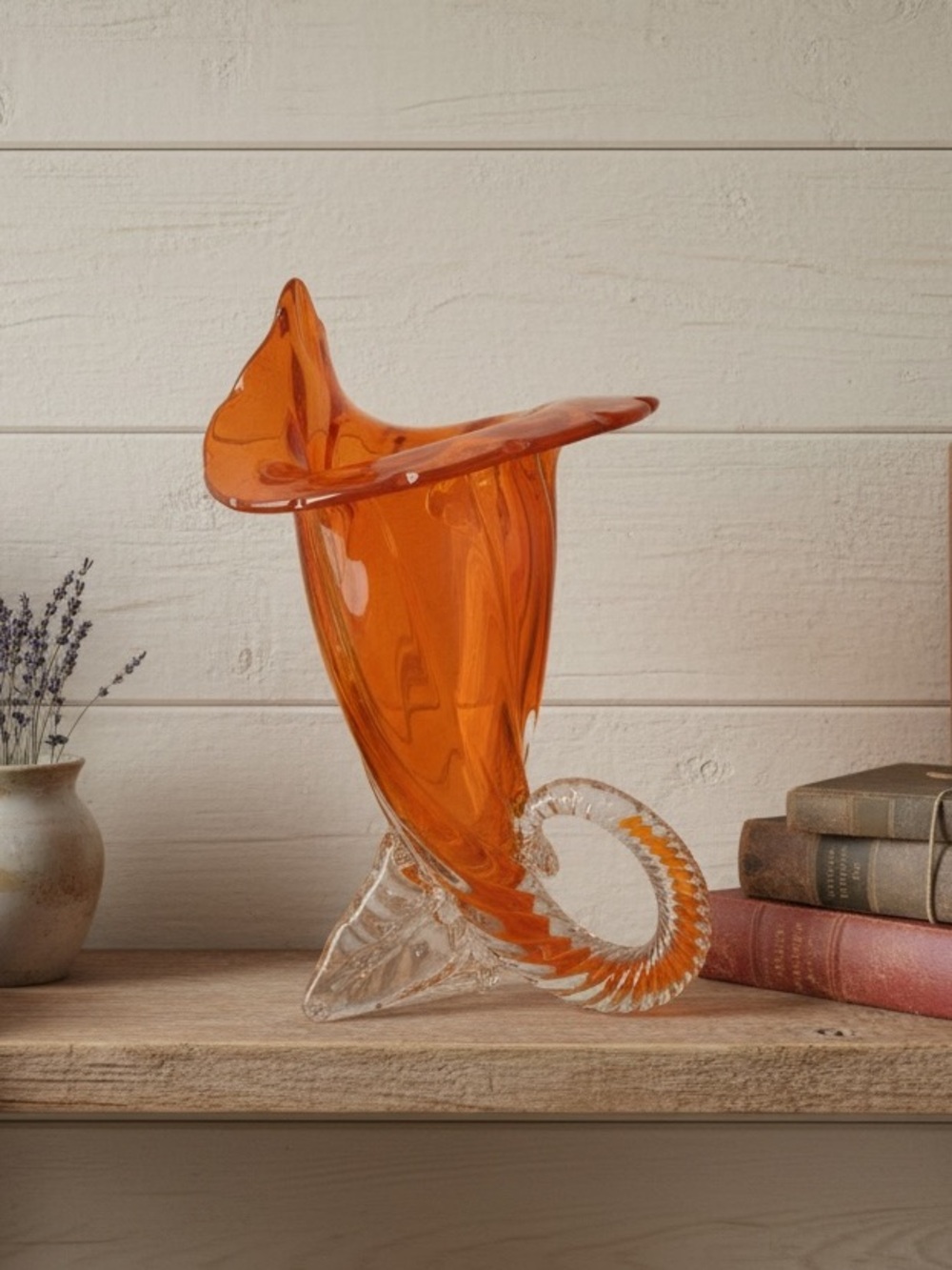 Vintage Murano Style Cased Orange Glass Cornucopia Vase
Glass Clear Spiral Base